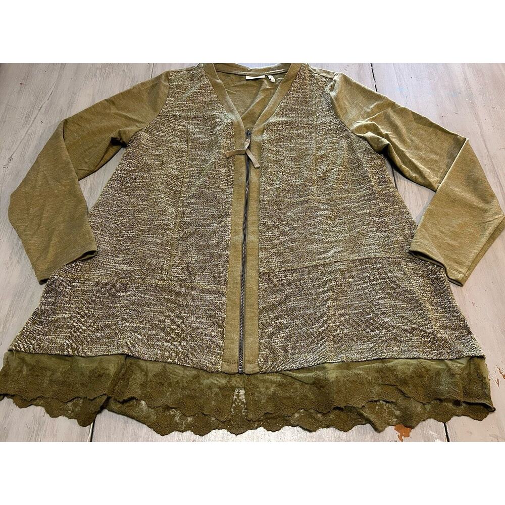 Logo Lounge Olive Green Long Sleeve Front Zip Cardigan Sweater Sz L Lace Trim